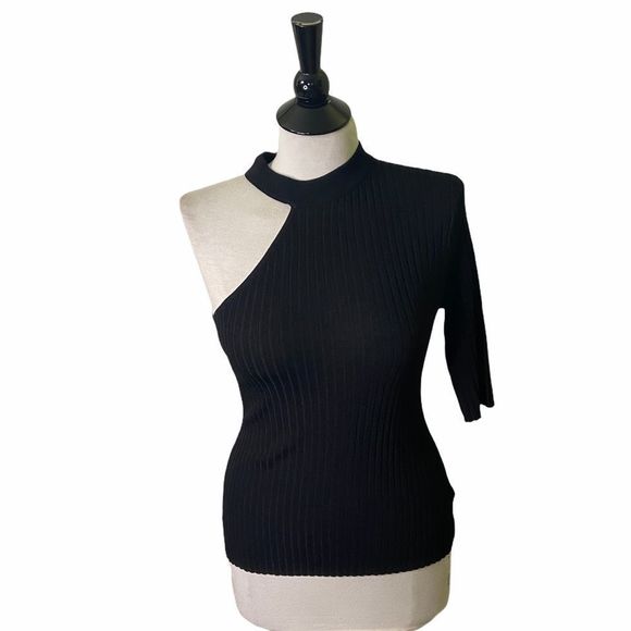 NWOT  BAR III‎ Women's Black One Shoulder Ribbed  Top Medium - Picture 2 of 6